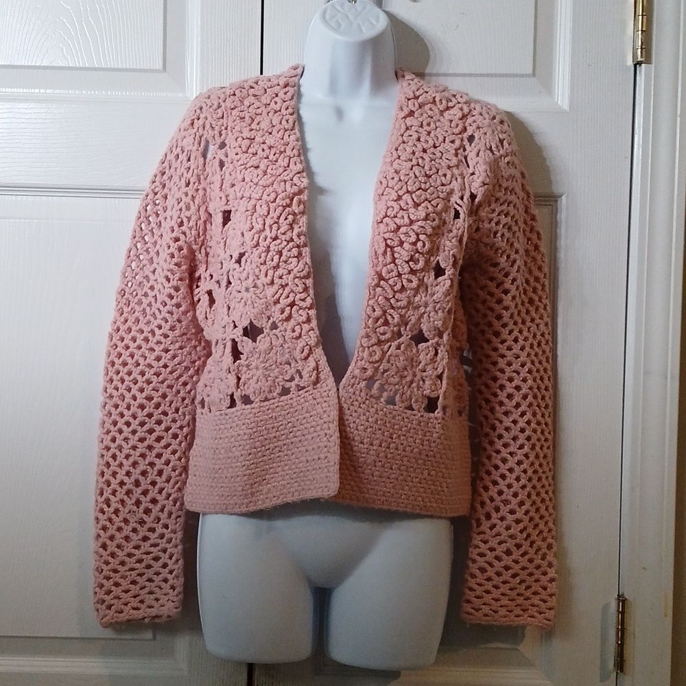 Nine & Co by Nine west wool blend crochet cardigan sweater Sz L Dusty Pink EUC